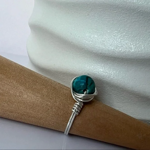 Cyan Blue Turquoise Sterling Silver Wire Wrap Ring - Picture 7 of 12